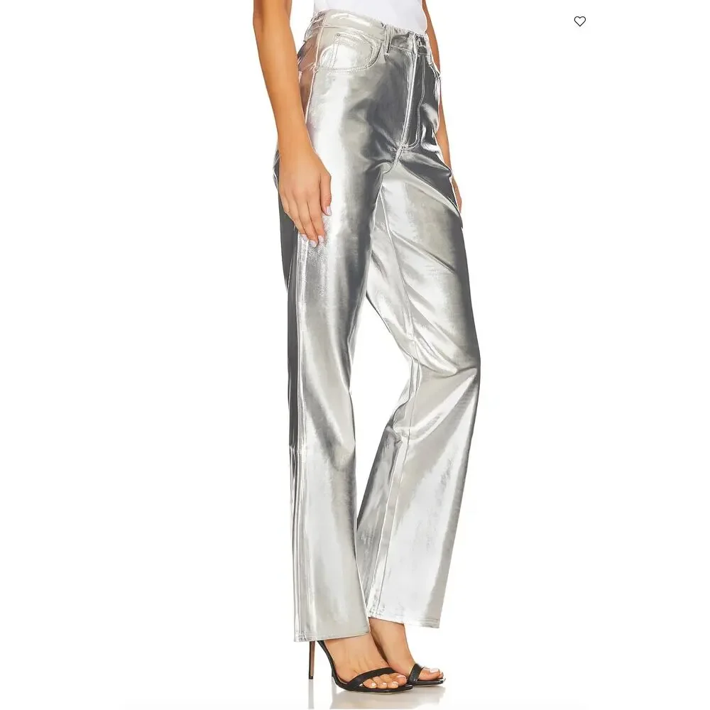 WeWoreWhat Silver Straight Leg Jeans Size 26 Faux Leather High Rise $148 NEW - Picture 2 of 9